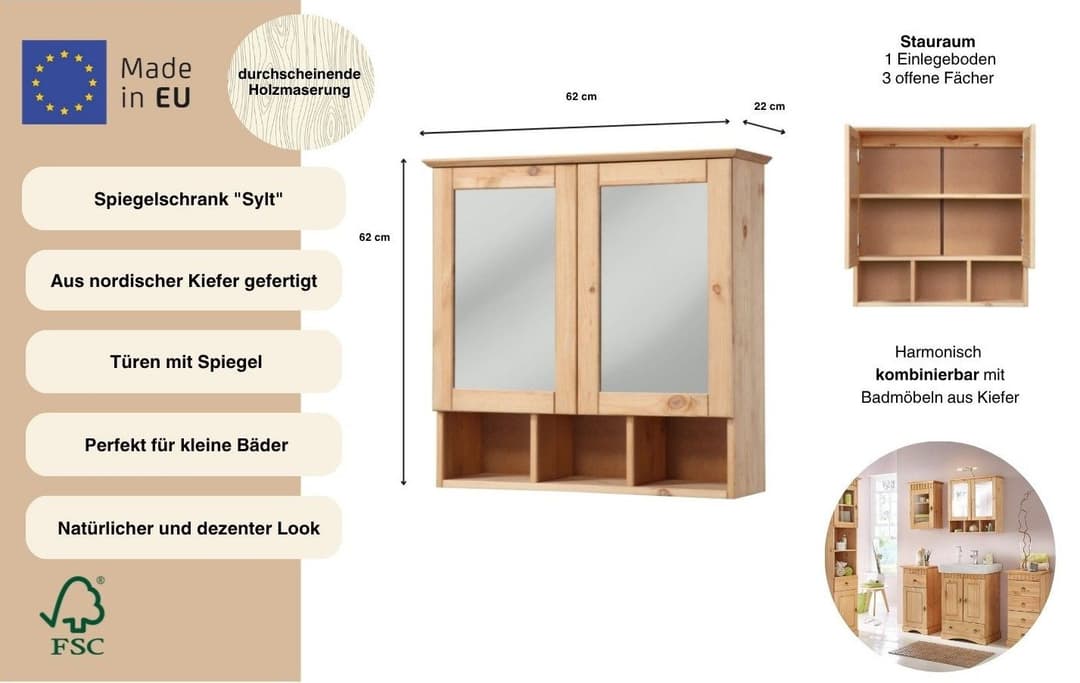 welltime Spiegelschrank Landhaus Sylt | Holztöne