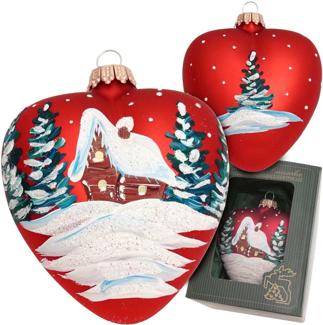 Krebs Glas Lauscha Christbaumschmuck Herz mit verschneitem Haus | Rot