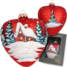 Krebs Glas Lauscha Christbaumschmuck Herz mit verschneitem Haus | Rot