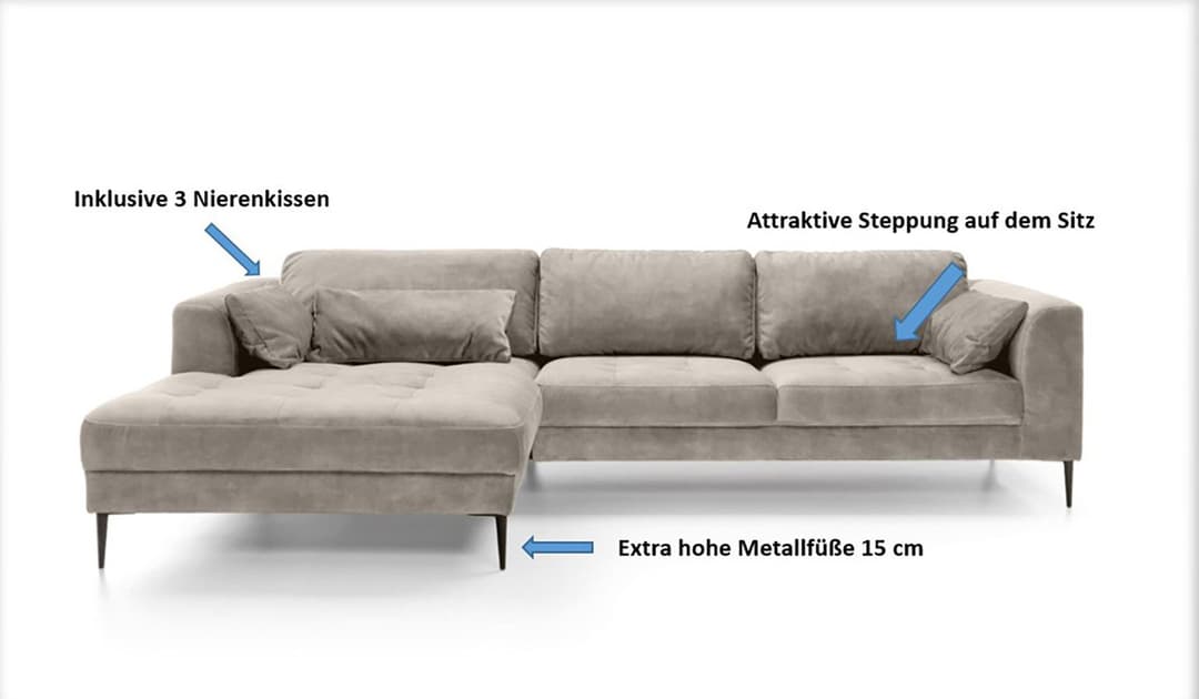 TRENDMANUFAKTUR Ecksofa Luzi | Grau