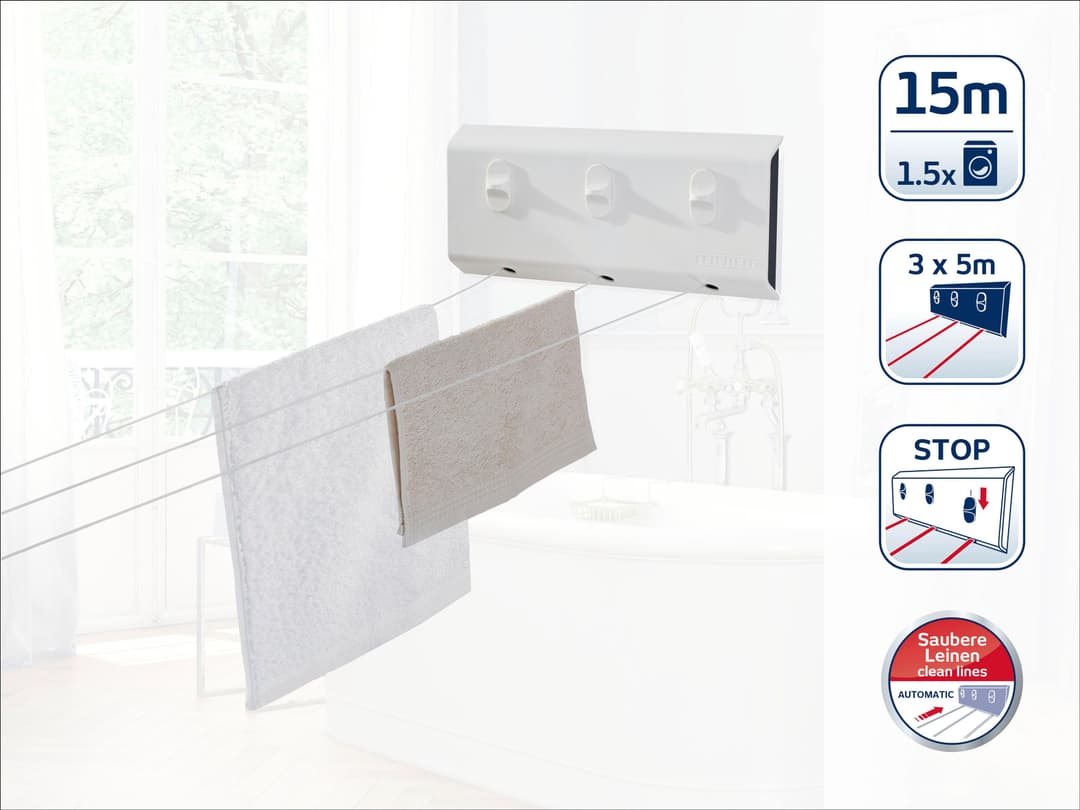 Leifheit Wand-Wäscheleine Rollfix 150 Triple Longline | Weiß