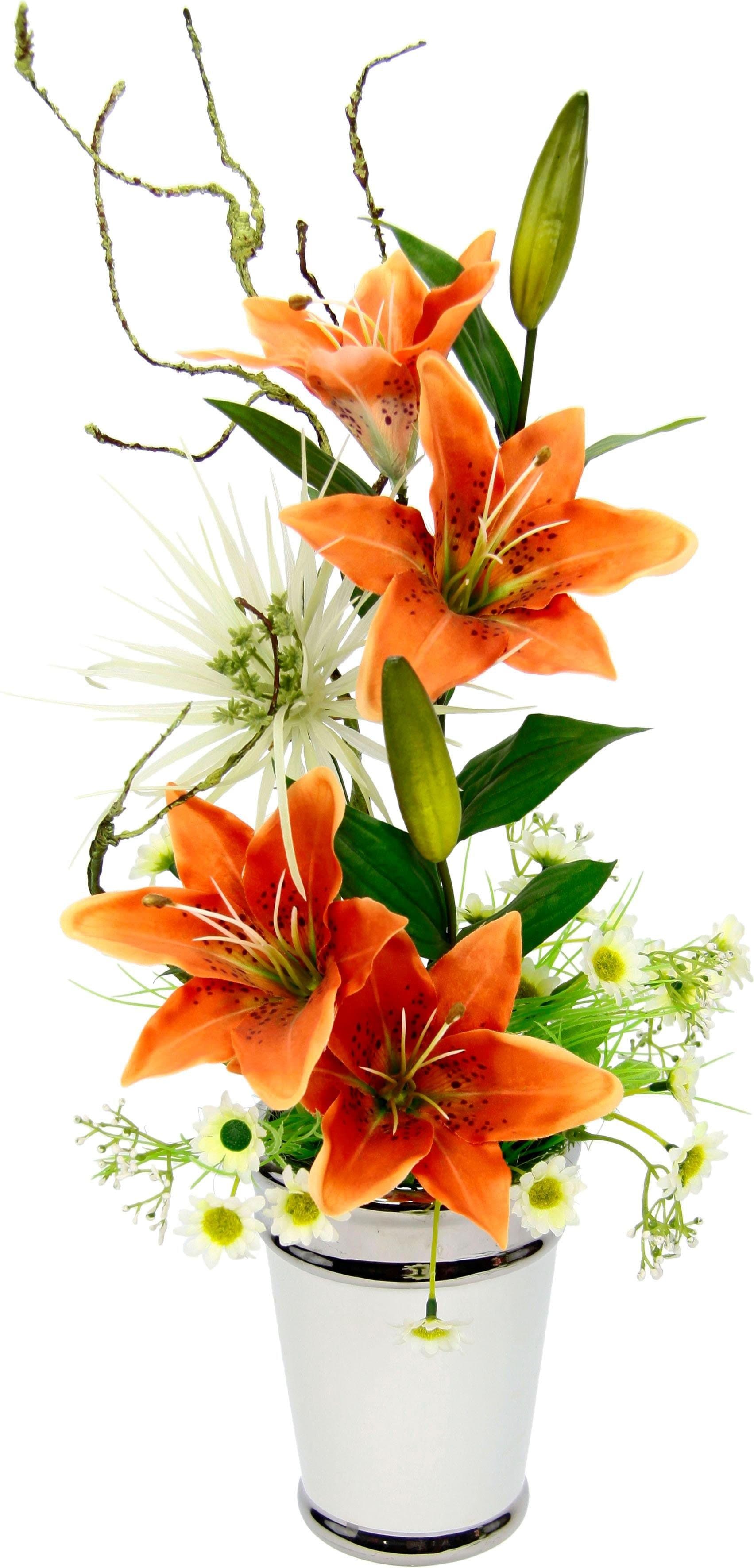 Kunstpflanze Arrangement Lilien in Topf | Orange