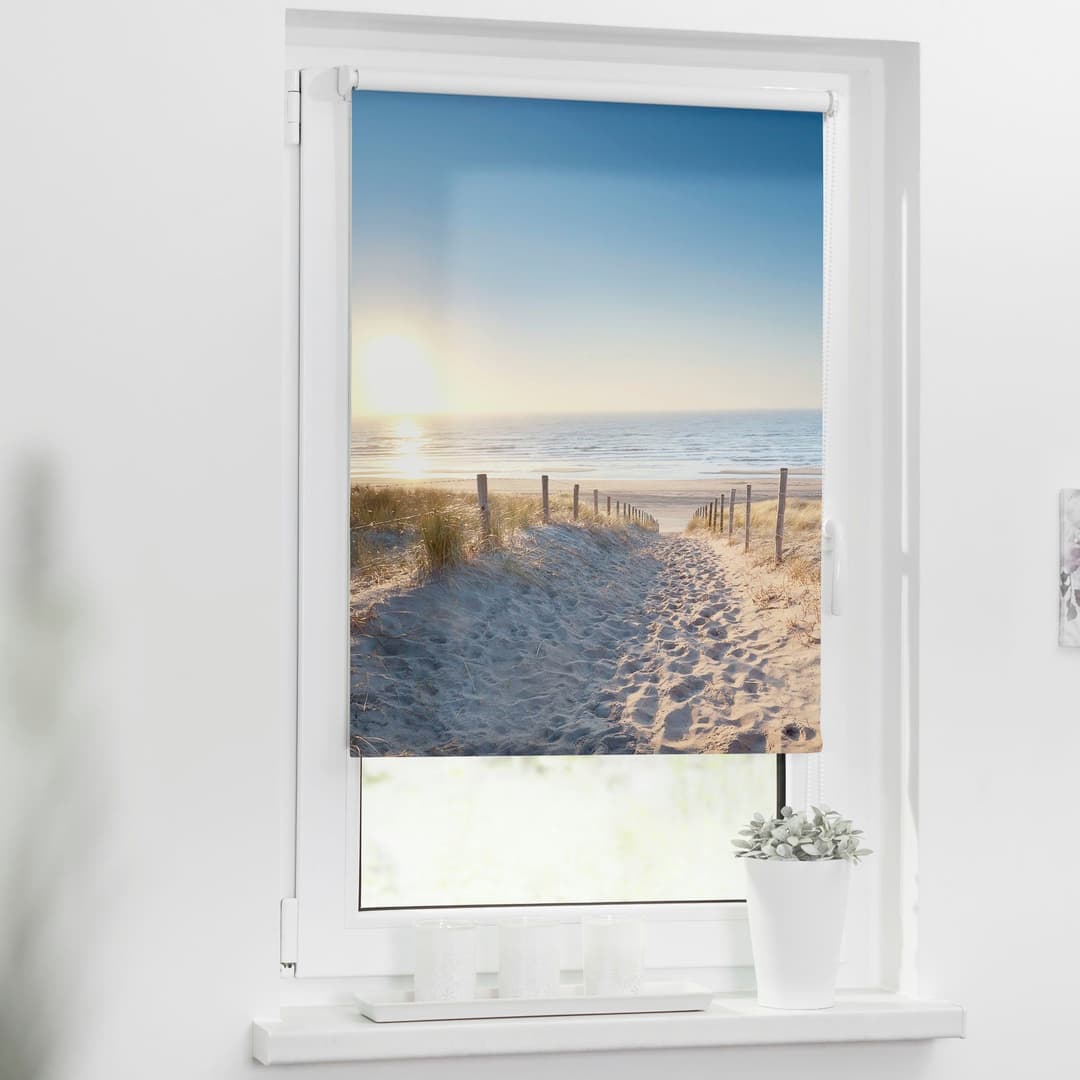 Seitenzugrollo Klemmfix Motiv Ostseestrand | Blau