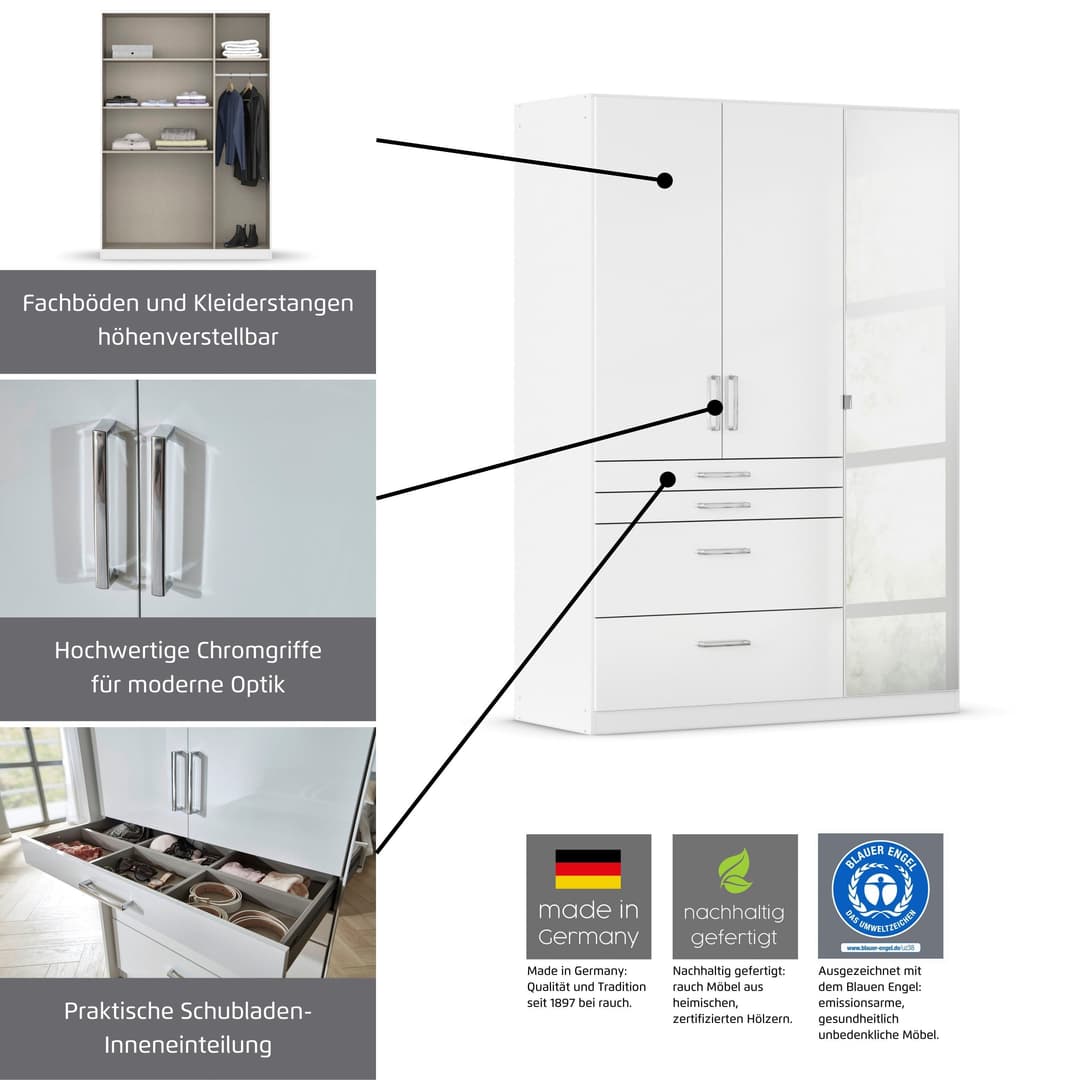 rauch HOMBURG Kleiderschrank mit Spiegel | Weiß