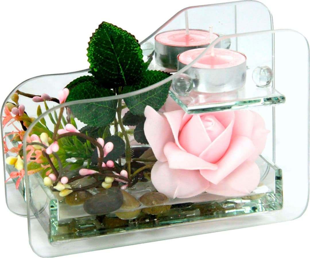 Kunstpflanze Rose im Glas mit Teelicht | Rosa