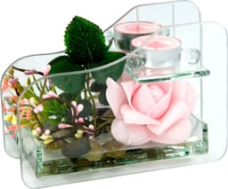 Kunstpflanze Rose im Glas mit Teelicht | Rosa