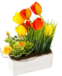 Gesteck Tulpen Wildrosen und Gras | Mehrfarbig