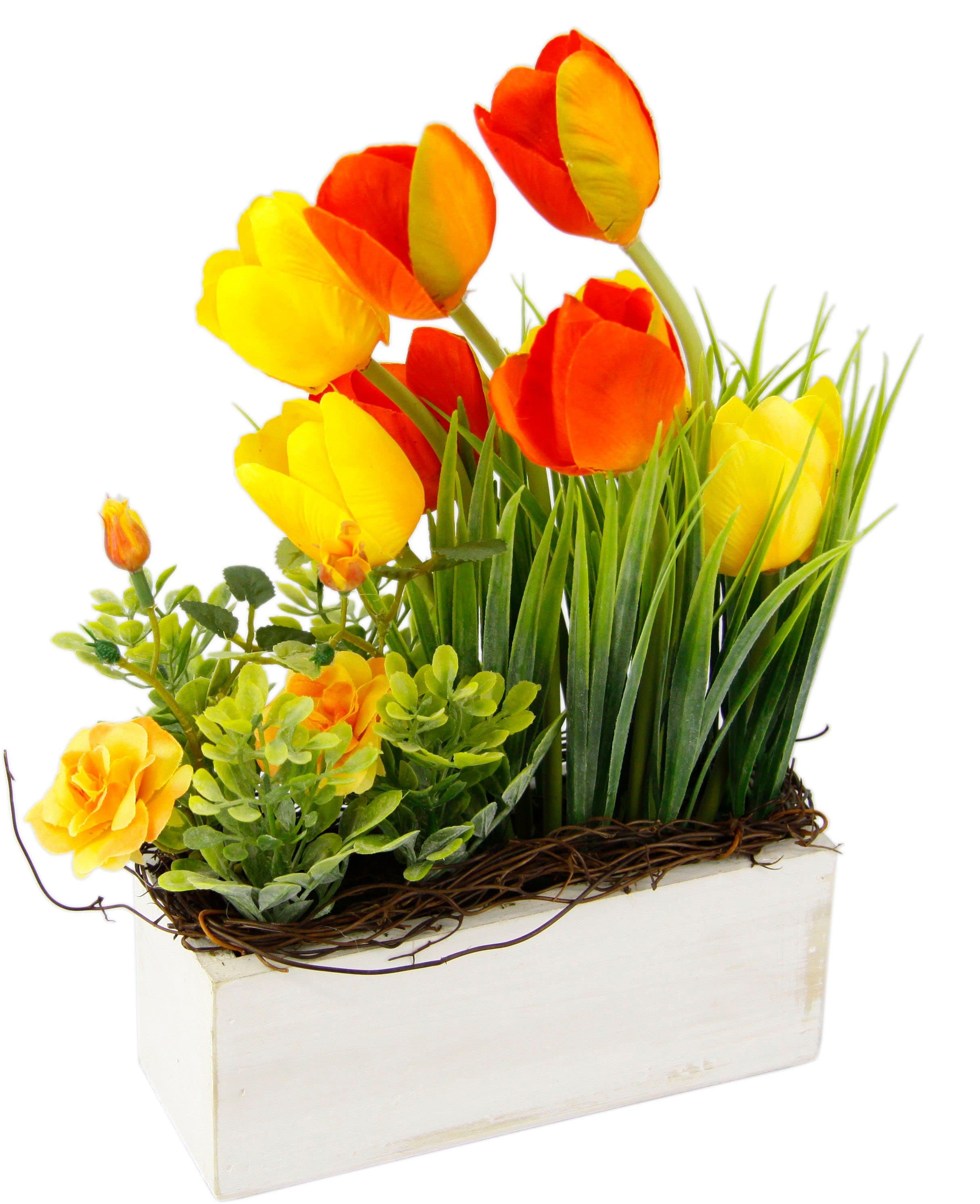 Gesteck Tulpen Wildrosen und Gras | Mehrfarbig