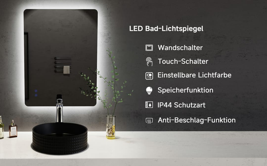 welltime LED-Lichtspiegel Toledo | Schwarz