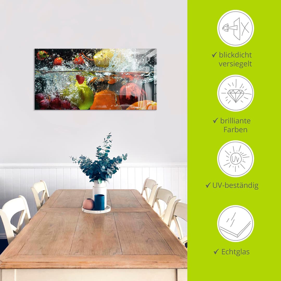 Artland Glasbild Spritzendes Obst auf dem Wasser | Mehrfarbig