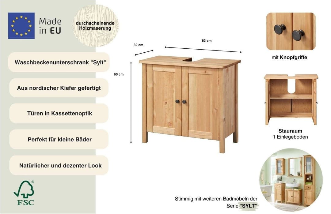 welltime Waschbeckenunterschrank Sylt | Holztöne