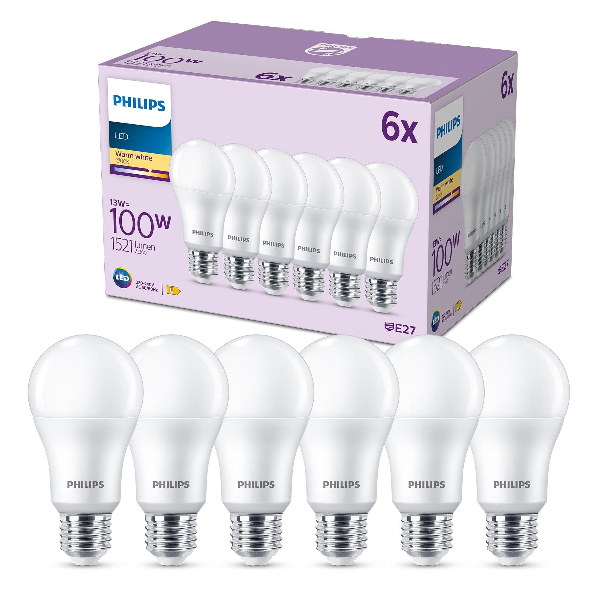Philips LED-Leuchtmittel 100W Non-Dim, E27, 6 St., Warmweiß | Weiß