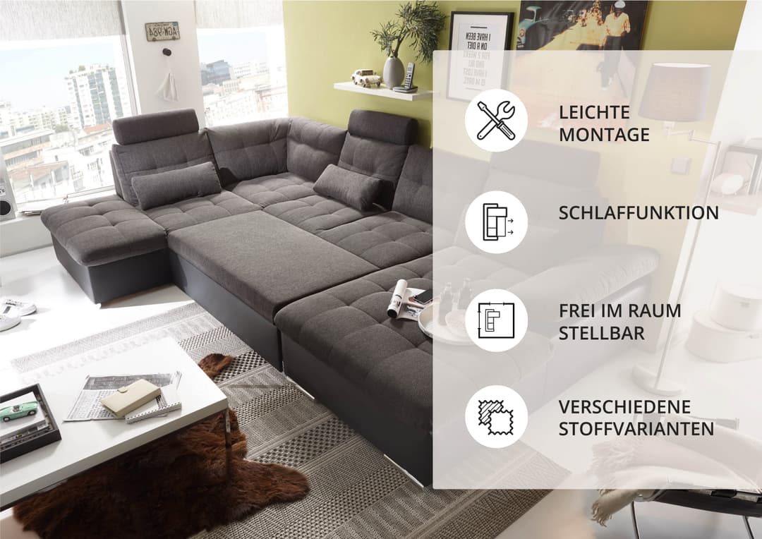 ED EXCITING DESIGN Wohnlandschaft Jakarta U-Form | Schwarz