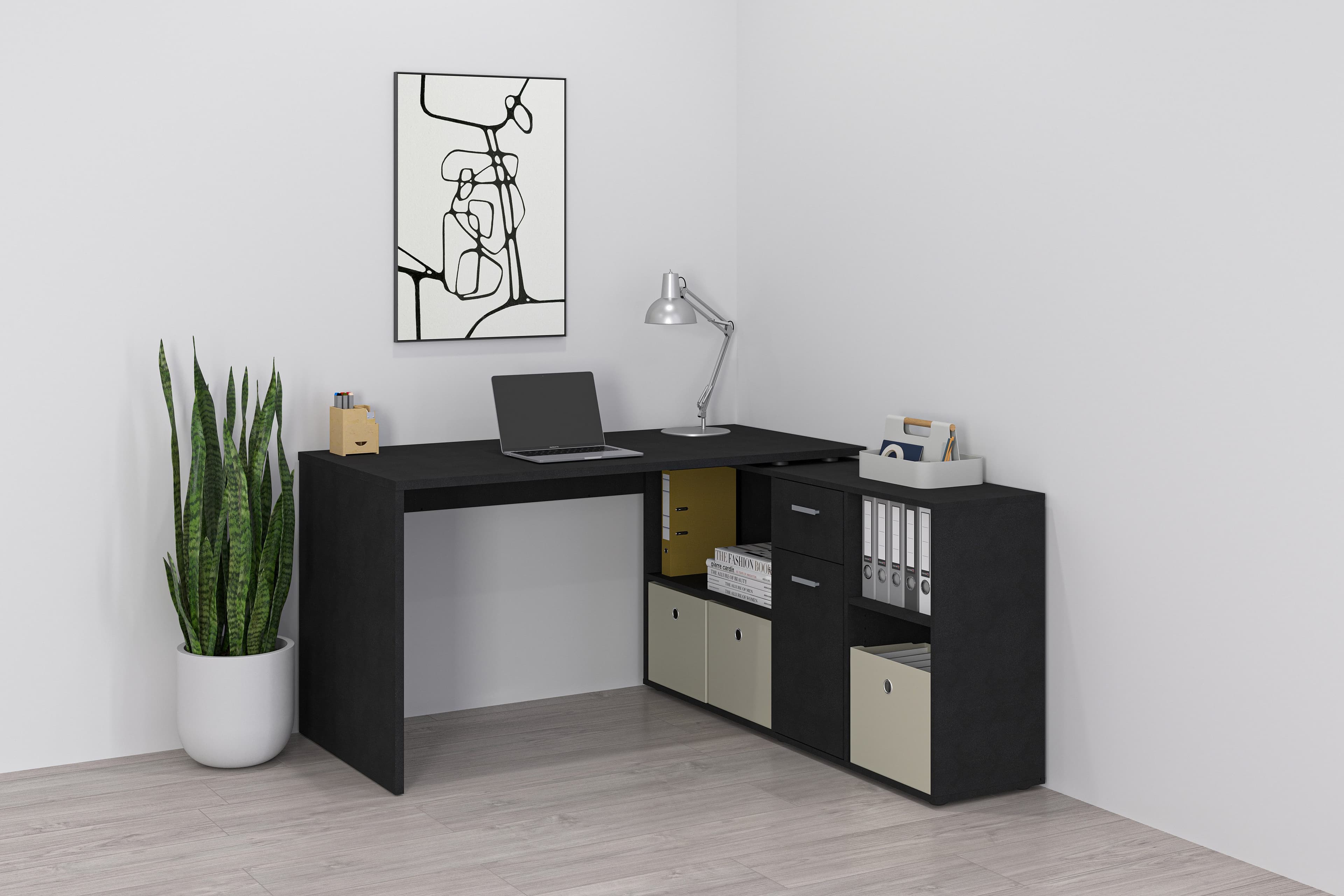 FMD Eckschreibtisch Lexo | Schwarz