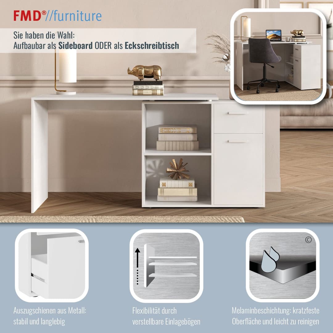 FMD Eckschreibtisch AUGSBURG | Weiß