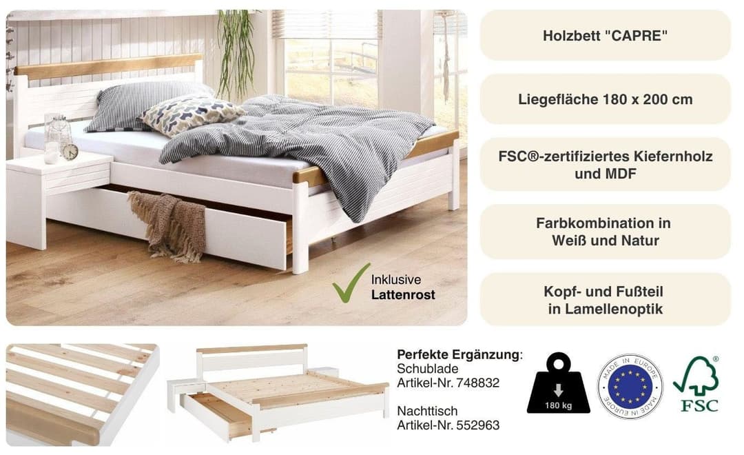 OTTO home Massivholzbett CAPRE | Weiß
