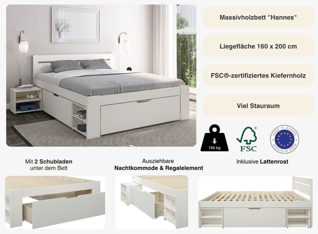 OTTO home Massivholzbett HANNES | Weiß