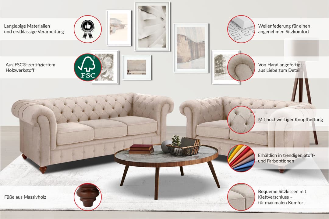 Home affaire Chesterfield-Sofa 3-Sitzer | Beige