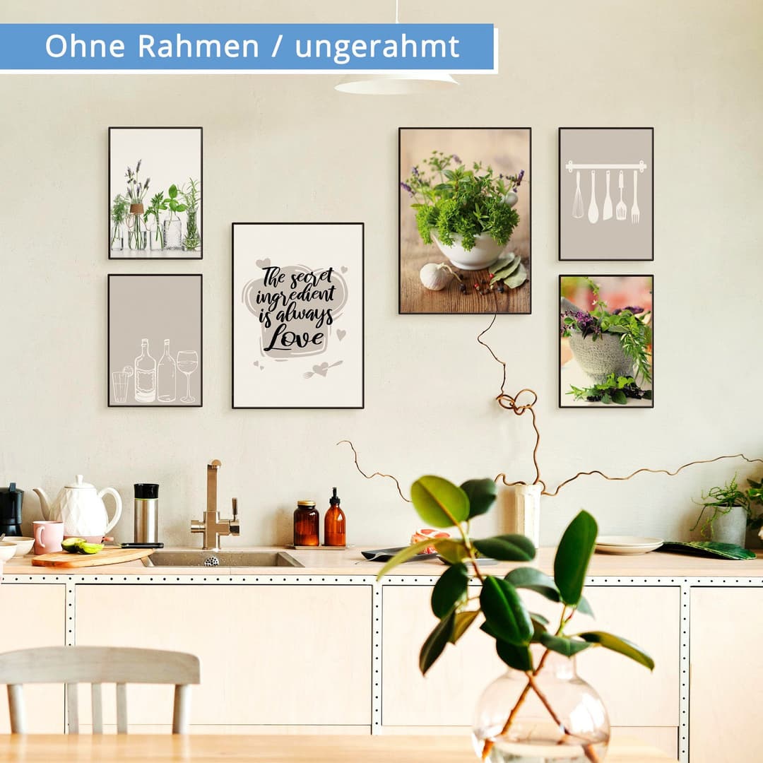 Artland Poster Küchenkräuter & Küchenhelfer Set | Mehrfarbig