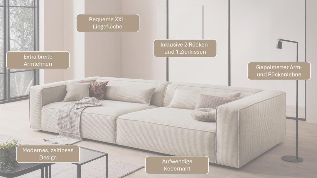 LeGer Home by Lena Gercke PIARA XXL 3-Sitzer Sofa | Beige