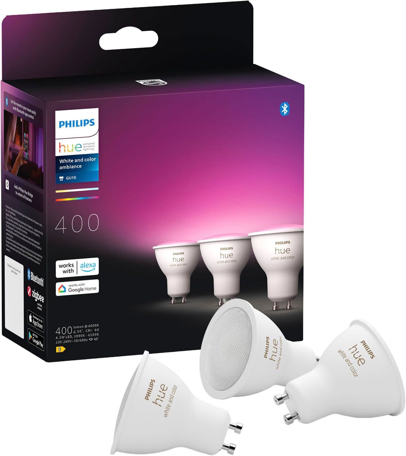 Philips Hue LED-Leuchtmittel White and Color Ambiance 400lm, GU10, 3