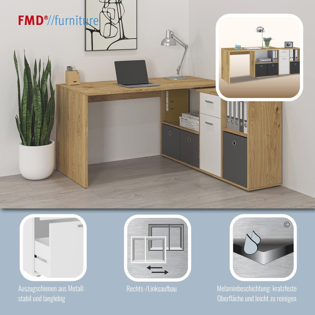 FMD Eckschreibtisch Lexo | Weiß