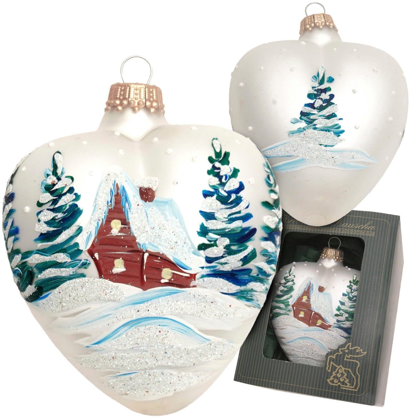 Krebs Glas Lauscha Christbaumschmuck Herz mit verschneitem Haus