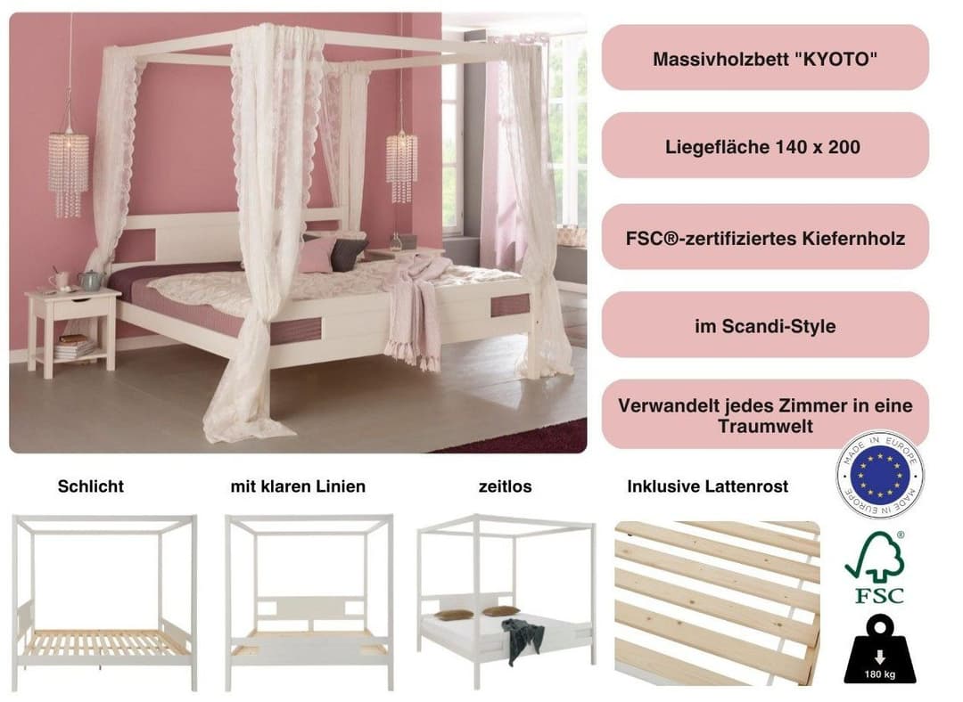 OTTO home Massivholzbett KYOTO Himmelbett | Weiß
