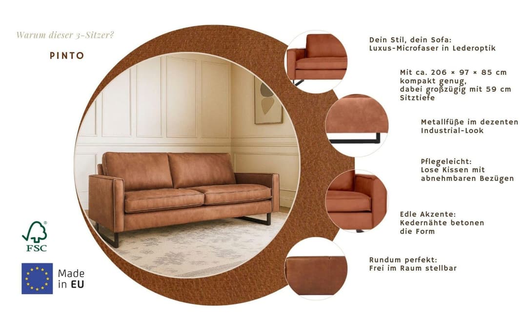 Home affaire 3-Sitzer Pinto | Braun
