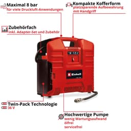 Einhell Koffer-Kompressor TE-AC 36/8 Li OF Set-Solo | Rot