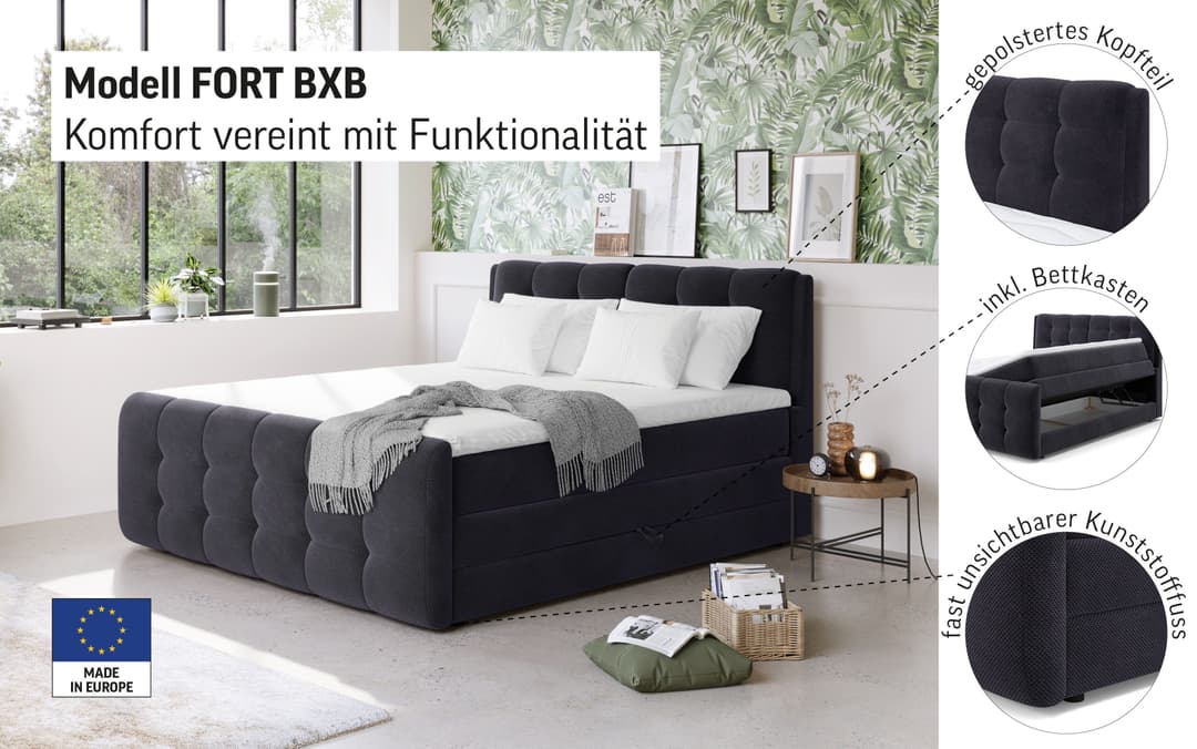 COTTA Boxspringbett Fort mit Bettkasten | Grau