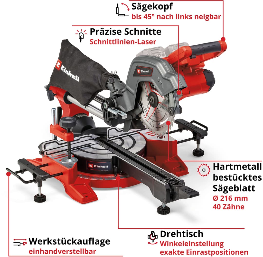 Einhell Akku-Zug-Kapp-Gehrungssäge TE-SM 36/8 L Li-Solo | Rot