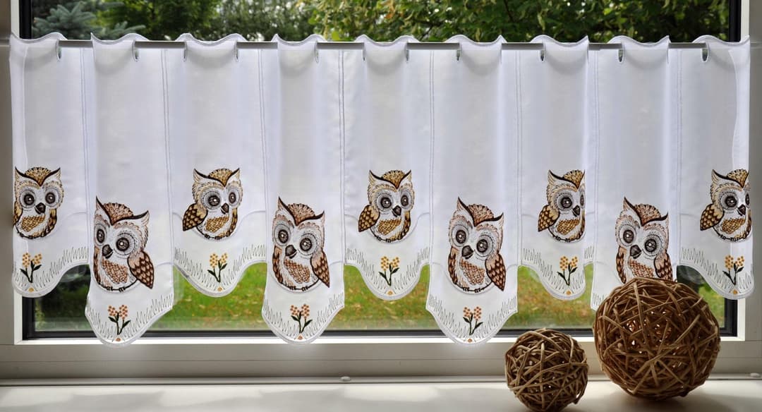 Stickereien Plauen Scheibengardine Eulen | Beige