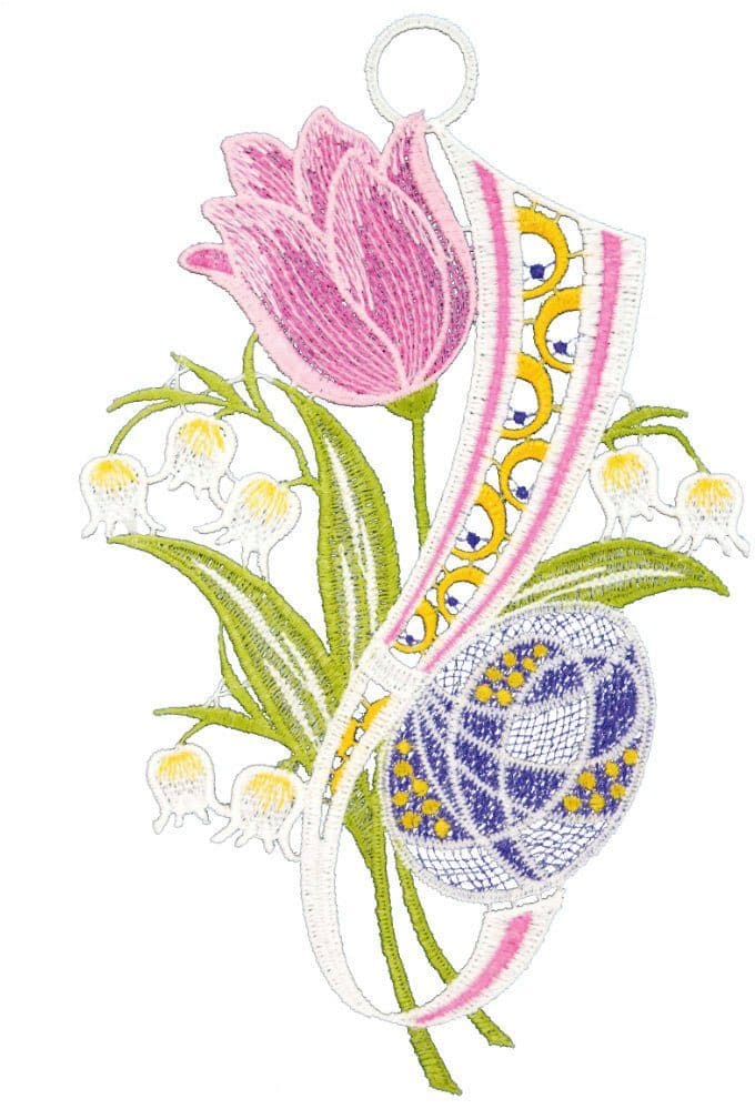 W. Reuter & Sohn - Plauener Spitze Fensterbild "Tulpe und Ei" farbig