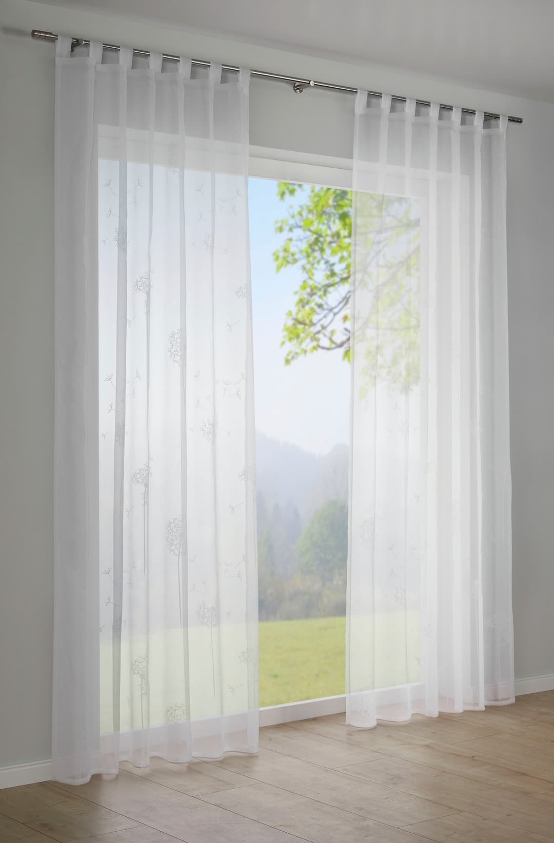 Sehlbach Gardine Schal Voile mit Flockprint Pusteblume | Weiß