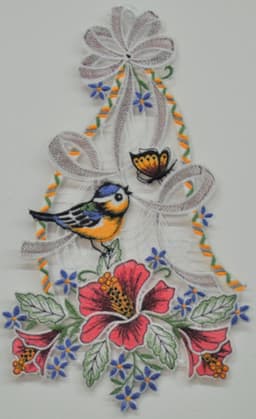 Stickereien Plauen Fensterbild Vogel mit Hibiskus | Mehrfarbig