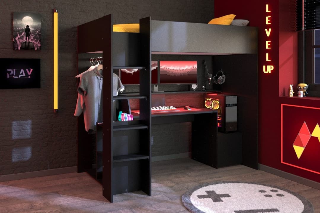 Parisot Hochbett Meddox mit LED & integriertem Gaming-Arbeitsplatz