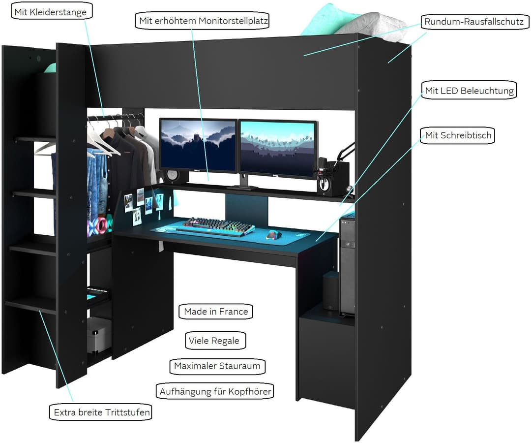 Parisot Hochbett Meddox mit LED & integriertem Gaming-Arbeitsplatz