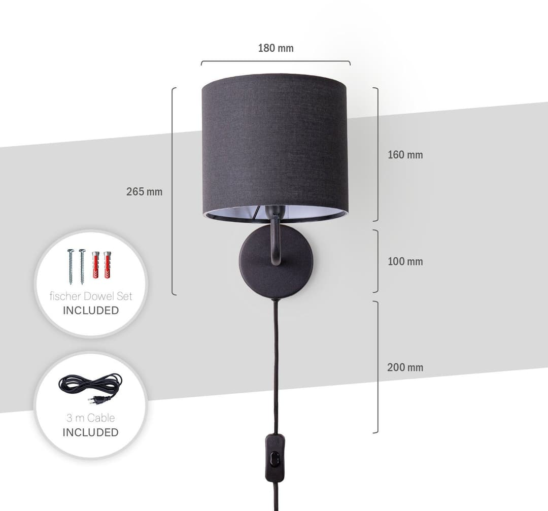 Paco Home Wandleuchte Uni Color | Schwarz