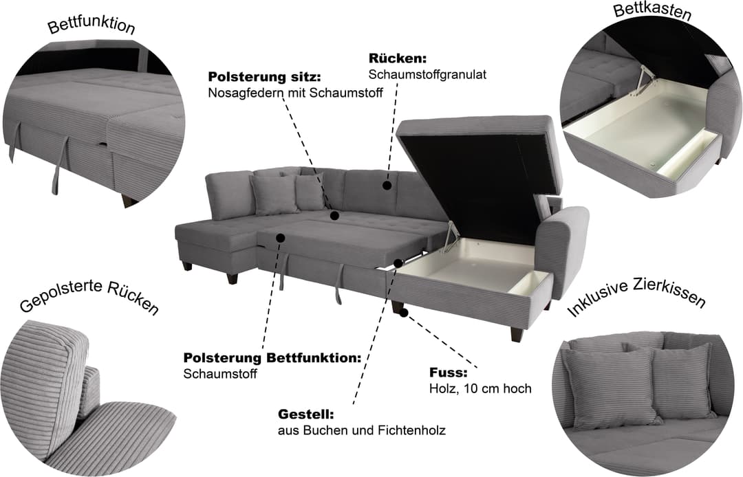 Trends by HG Wohnlandschaft Moritz U-Form | Grau