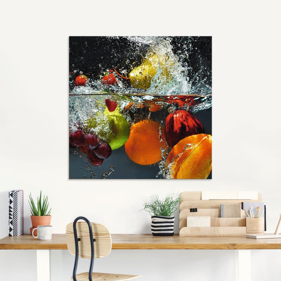 Artland Glasbild Spritzendes Obst auf dem Wasser | Mehrfarbig