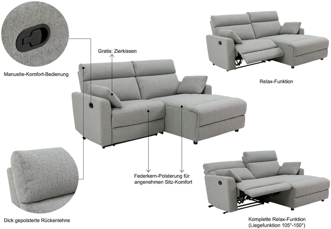 OTTO home Ecksofa JENNA L-Form, 209cm | Grau