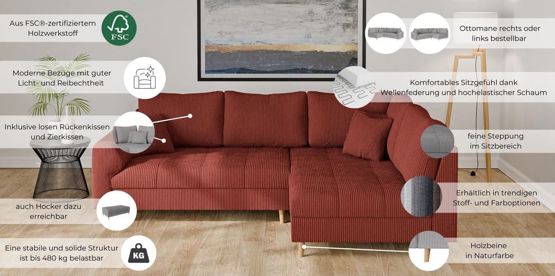 Home affaire Ecksofa CHARRE L-Form mit Ottomane | Braun