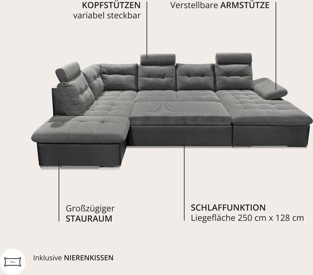 ED EXCITING DESIGN Wohnlandschaft Jakarta U-Form | Schwarz