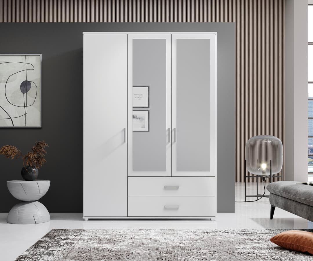 Schlafkontor Drehtürenschrank Ivar Kleiderschrank mit Spiegel | Weiß