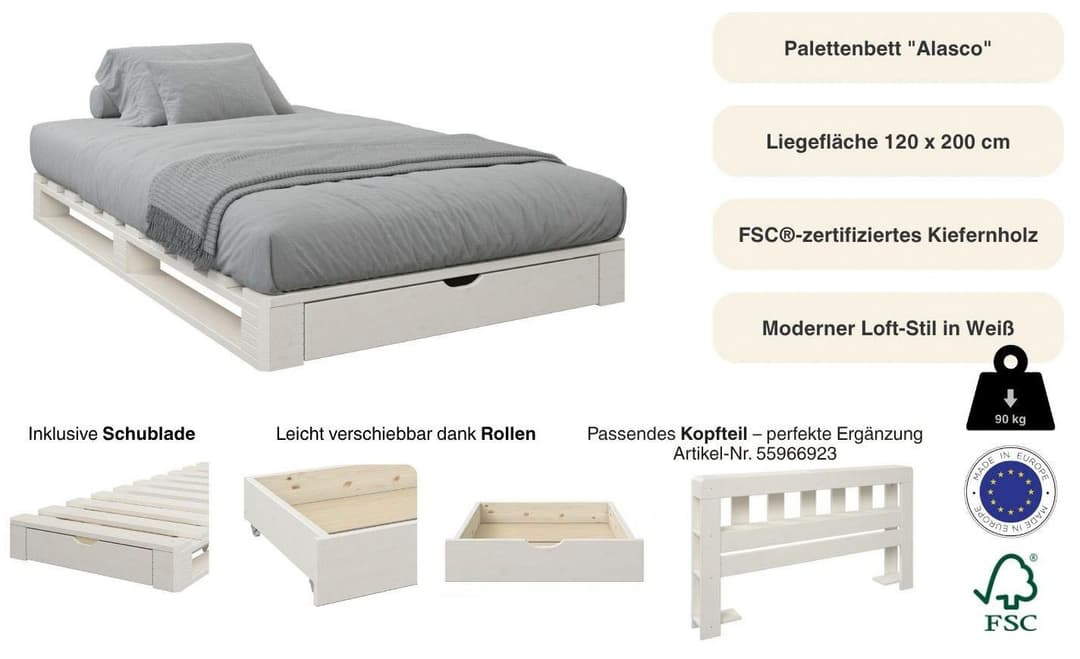 OTTO home Palettenbett ALASCO mit Schublade | Weiß