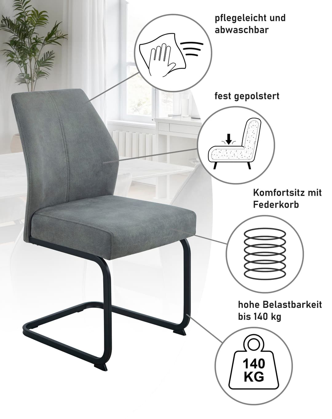 HEL A Freischwinger NEPTUN Esszimmerstuhl-Set | Grau