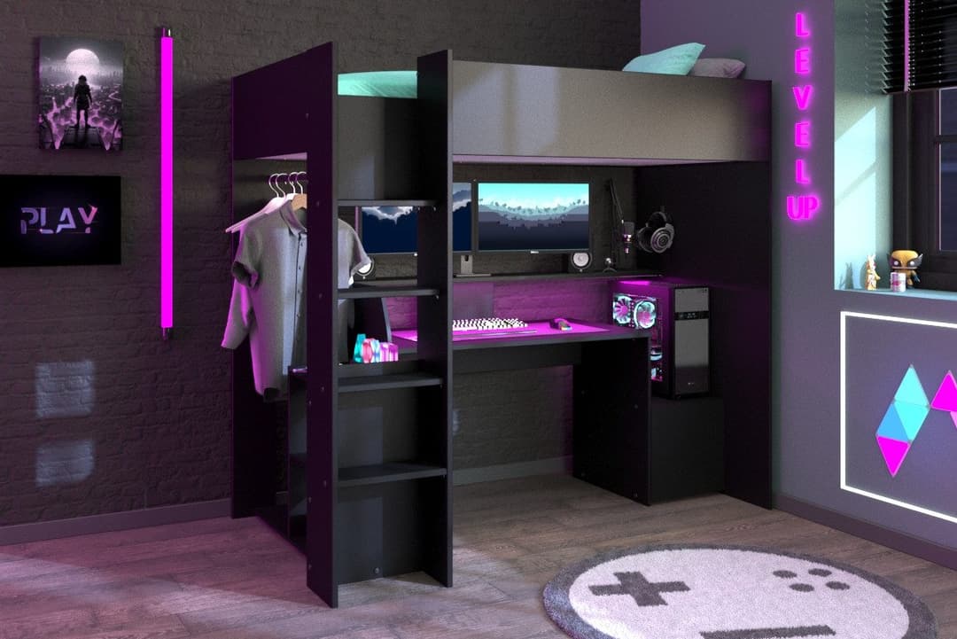 Parisot Hochbett Meddox mit LED & integriertem Gaming-Arbeitsplatz