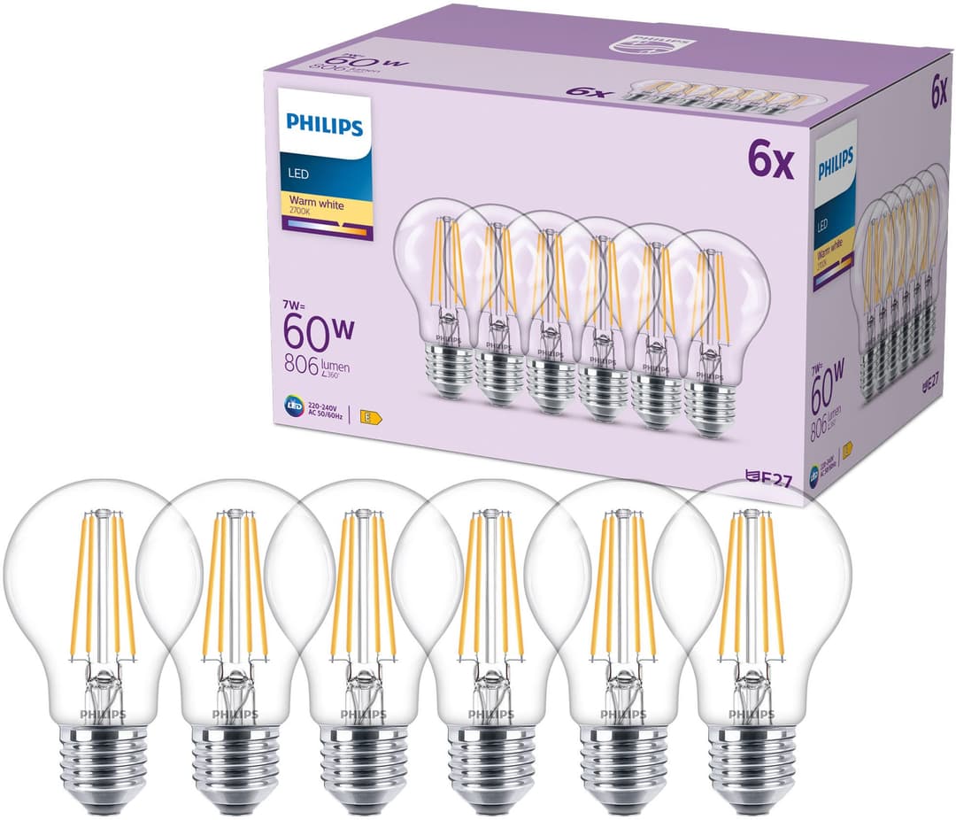 Philips LED-Leuchtmittel Classic 60W Non-Dim, E27, 6 St., Warmweiß