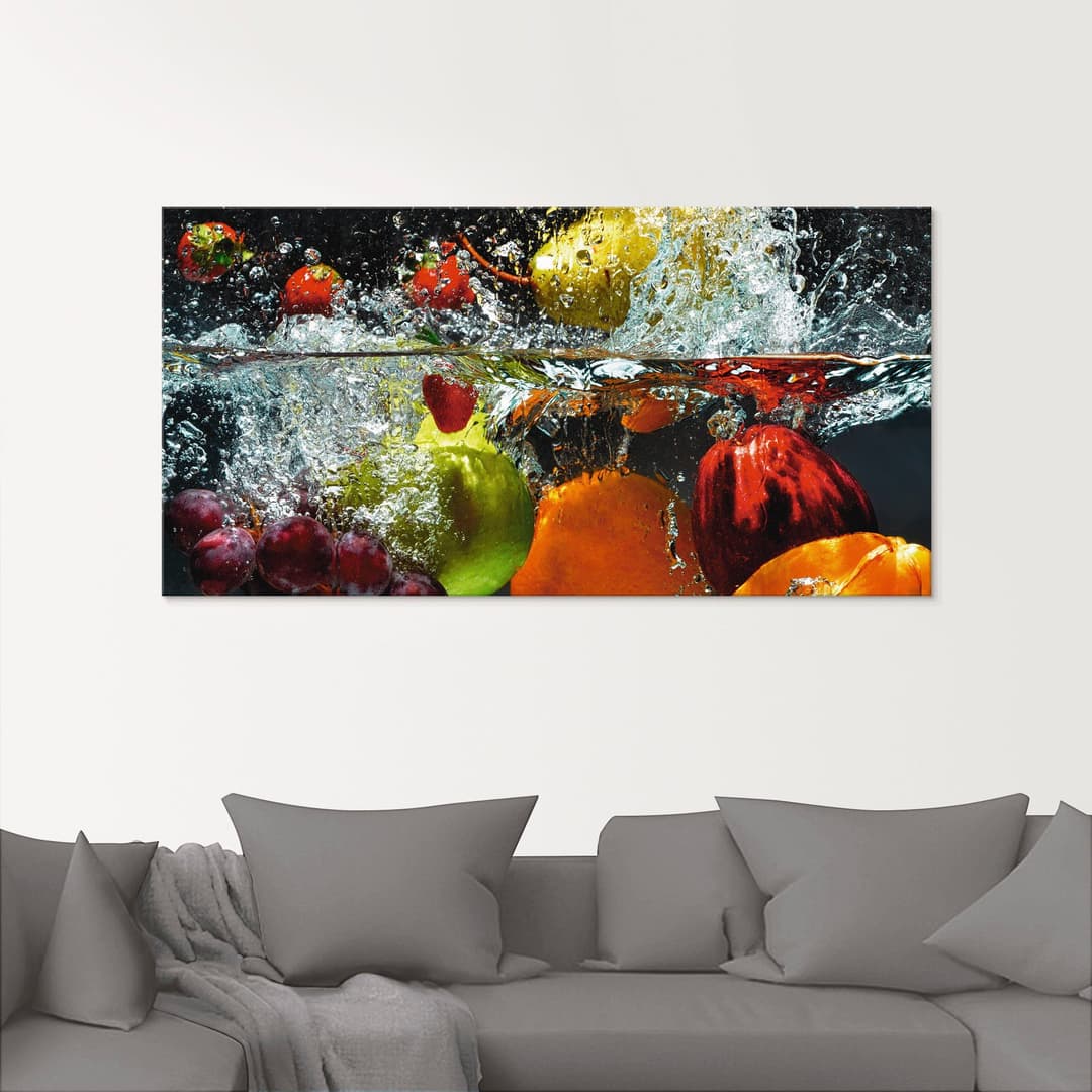Artland Glasbild Spritzendes Obst auf dem Wasser | Mehrfarbig